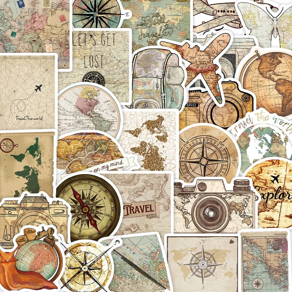 10/50Pcs Vintage World Map Travel Stickers Graffiti Camping Decals Decoration DIY Laptop Luggage Scrapbook Skateboard Stickers