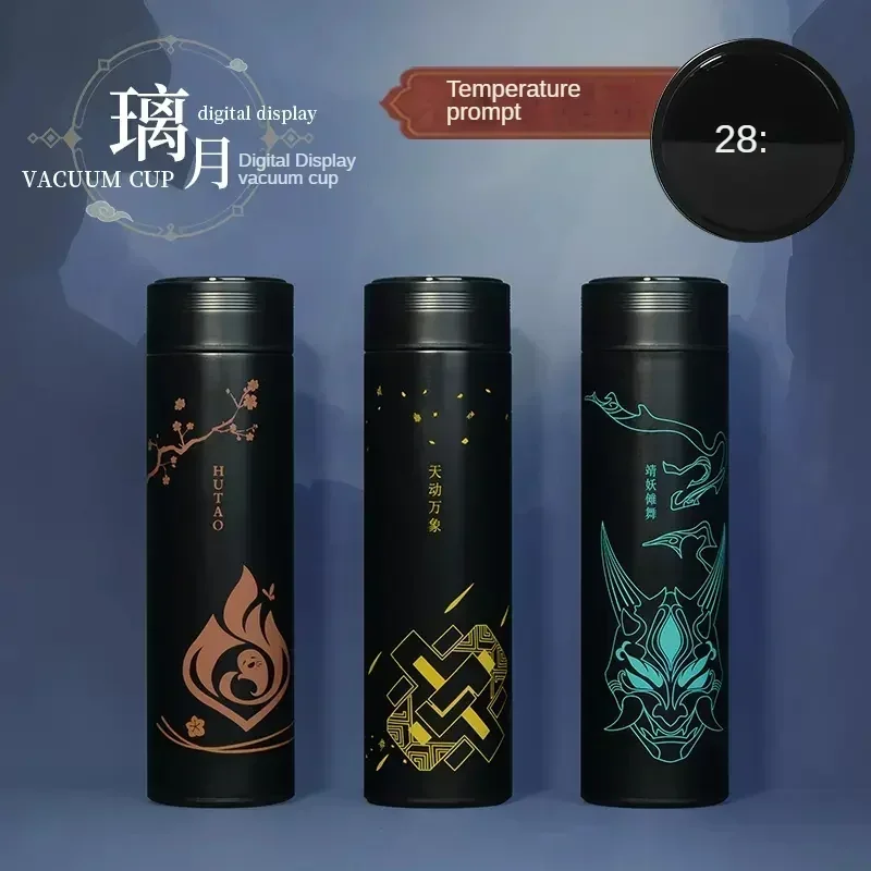 Genshin Impact Vacuum Flask Water Bottles LED Stainless Steel Temperature Display Coffee Mug Game Zhongli Xiao Anime Thermos Cup