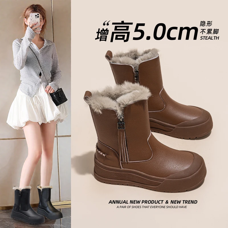 Women Winter Snow Ankle Boots 2026 New Korean Style Fleece Lined Thick Platform Heighten Non Slip Warm Cotton Casual Shoes