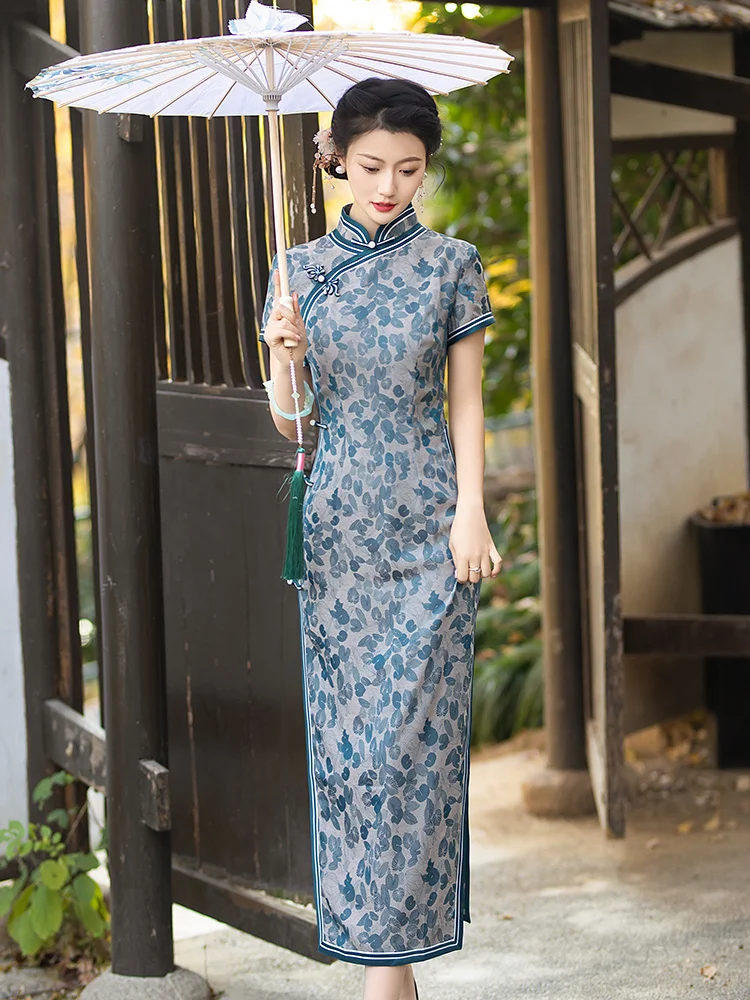 

Элегантное длинное синее платье в китайском стиле для женщин среднего возраста, больших размеров, повседневное, новое, премиум-класса