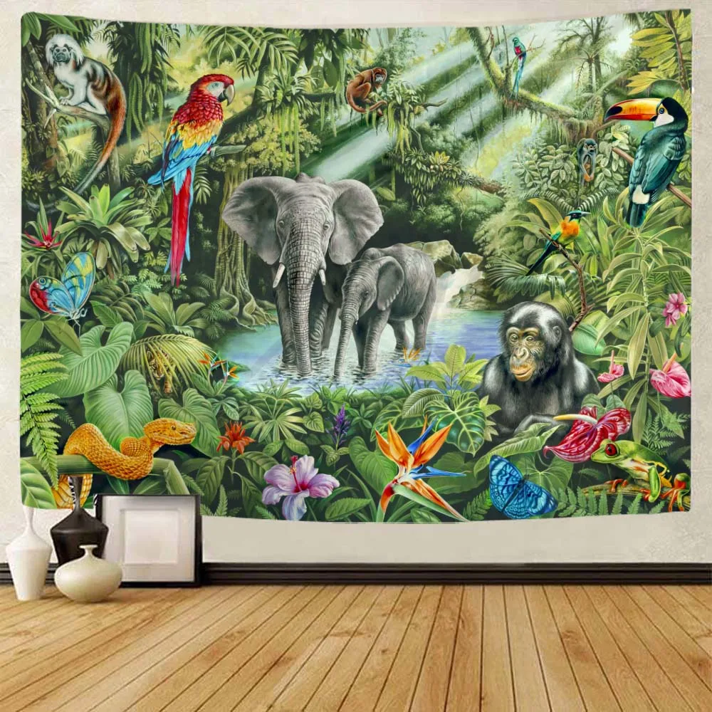 Jungle Animal Tapestry Wall Hanging Tiger Lion Elephant Room Decoration Blanket Home Art Decoration Cartoon Background Poster