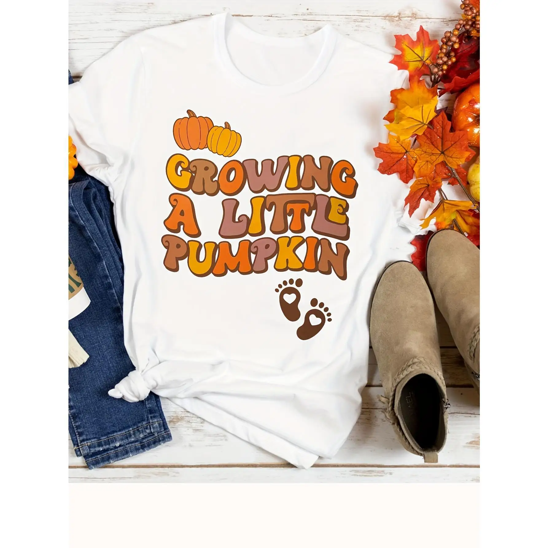 

Women's Halloween Pumpkin Graphic T-shirt, Cute Jack-o'-lanterns with Bow Print Tops, Spooky Crewneck Tee for Autumn