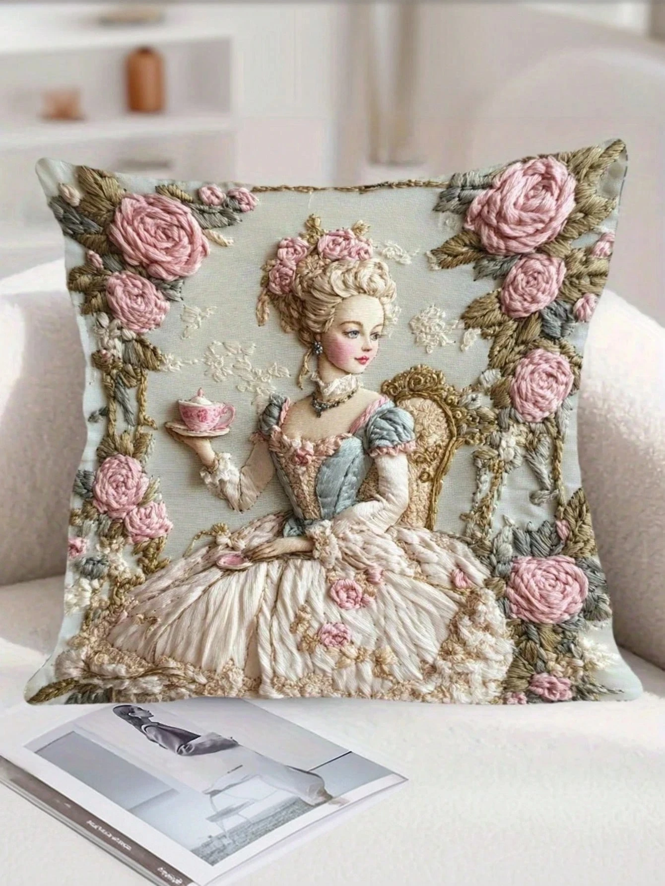 1pc Vintage Court Lady Faux Embroidery Pillow Cover Polyester 2D Double-Sided Print Sofa Cushion Case Gift for Living Room Bedro