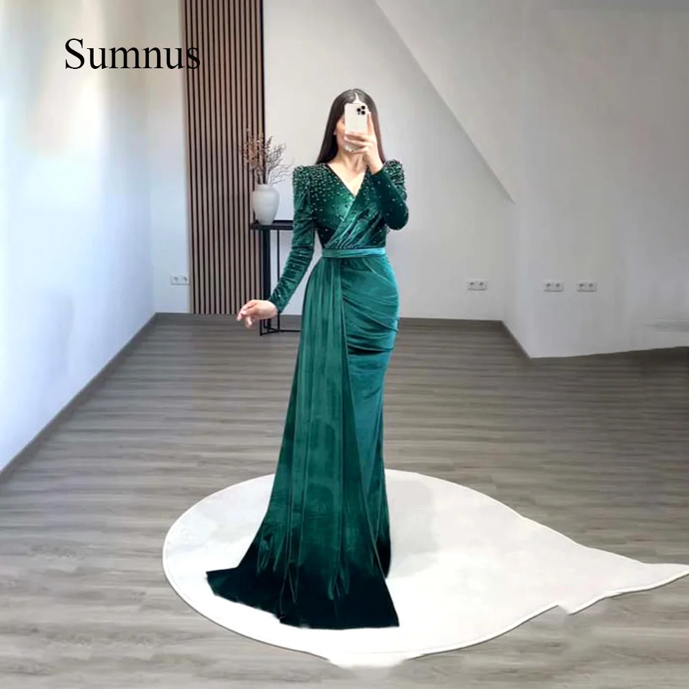 

Sumnus Saudi Arabic Mermaid Evening Dresses Beads Velvet Long Sleeve Dubai Evening Party Gowns With Draped Train Formal Dress