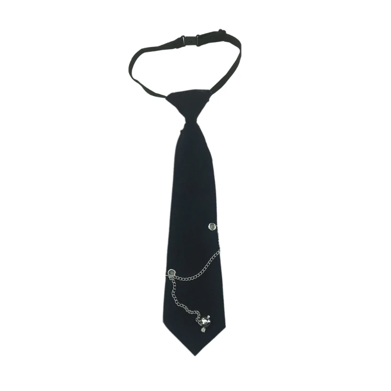 Women Men Pre-Tied Black Ties with Adjustable Strap Gothic Punk Metal Chain Necktie School Uniforms Costume Accessories