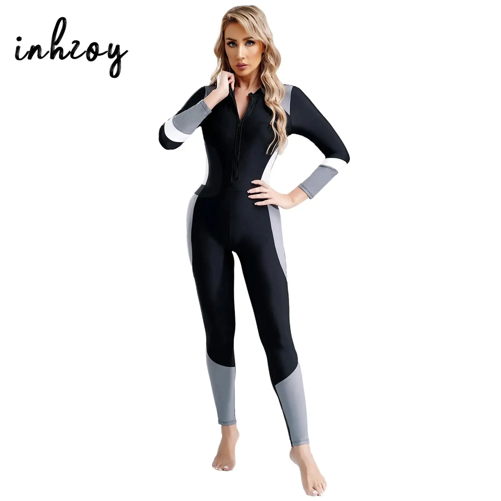 

Womens Athletic One Piece Swimsuit Wetsuit Surfing Diving Suit UPF 50+ Zip Long Sleeve Rash Guard Training Conservative Swimwear