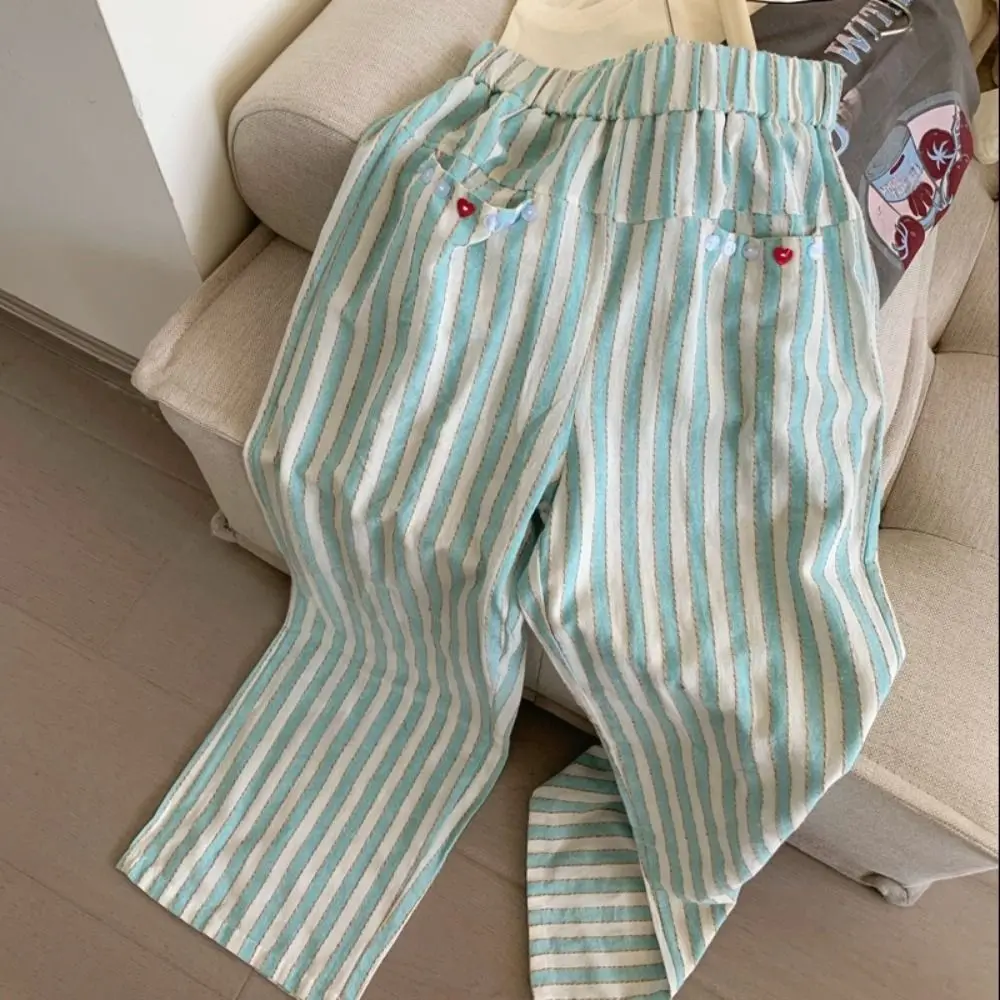 Pantaloni lunghi a righe casual dolce chic Pantaloni larghi a vita alta Pantaloni sottili Pantaloni a gamba dritta da donna