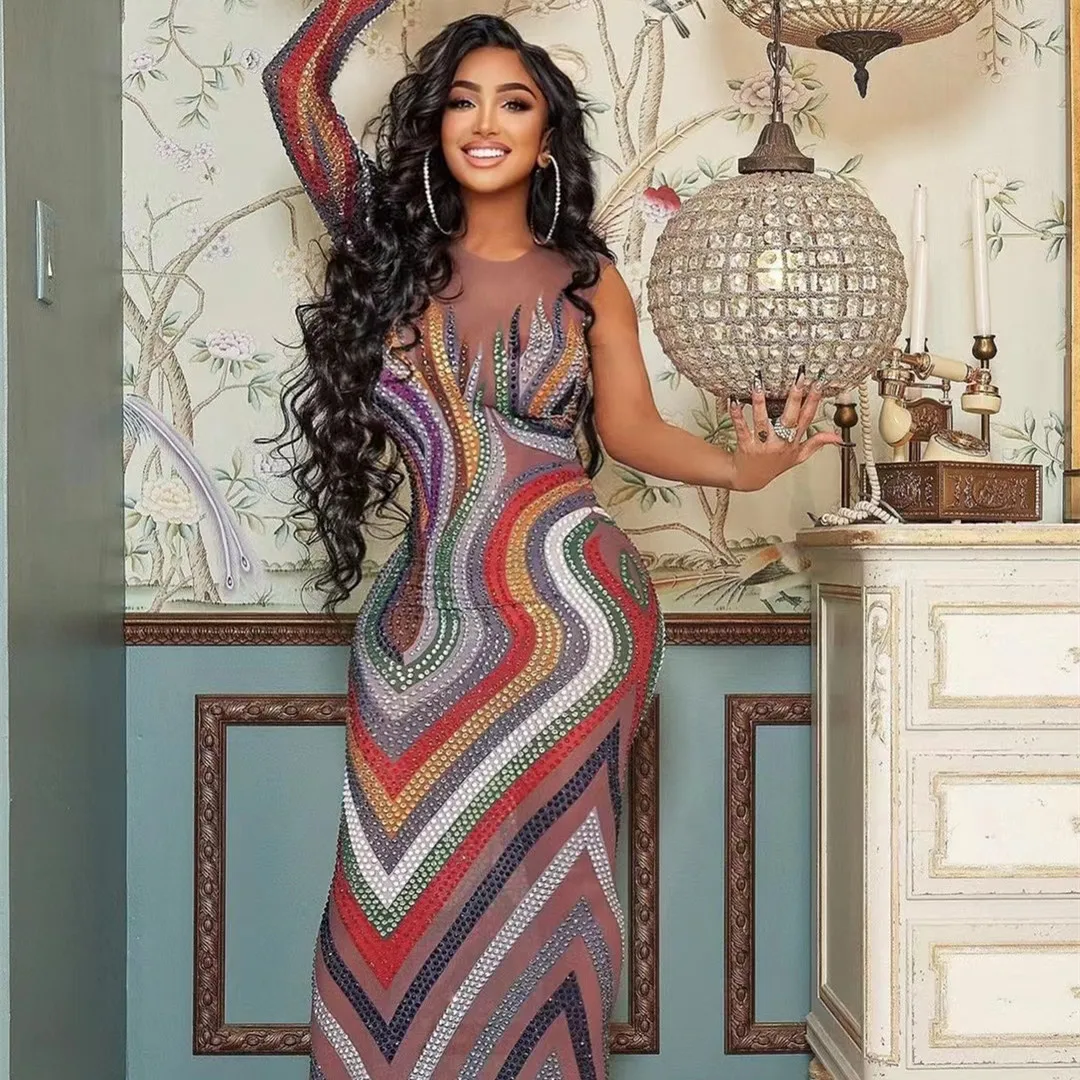 

Элегантное длинное платье с одним рукавом и цветными стразами для дня рождения, свадьбы, гостя, тонкое вечернее платье, вечернее платье, клубная одежда