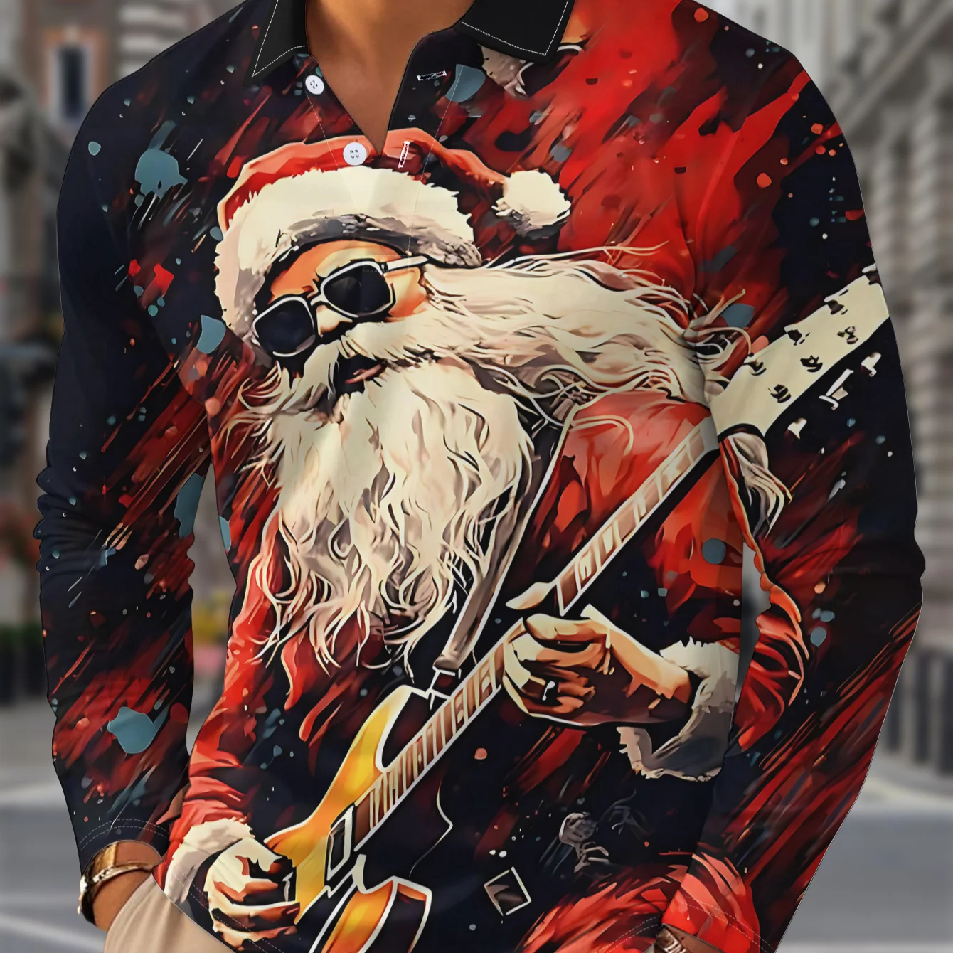 

Santa Claus Guitar Graphic Polo Shirt For Men Fashion Cool Christmas Theme Lapel Shirts Funny 3D Prints Long Sleeve Pullover Top