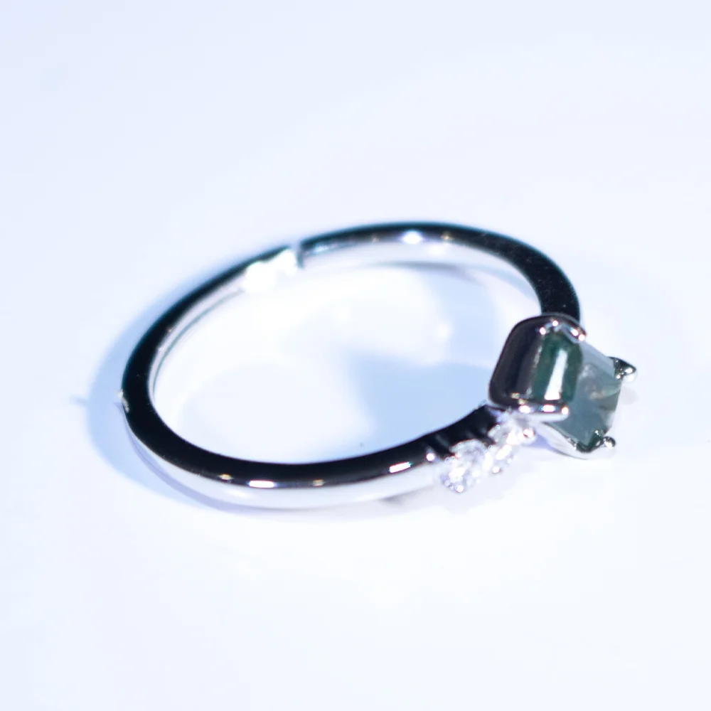 Rectangular White Zircon Adjustable Rings Fashion 925 Silver Moss Agate Engagement Ring