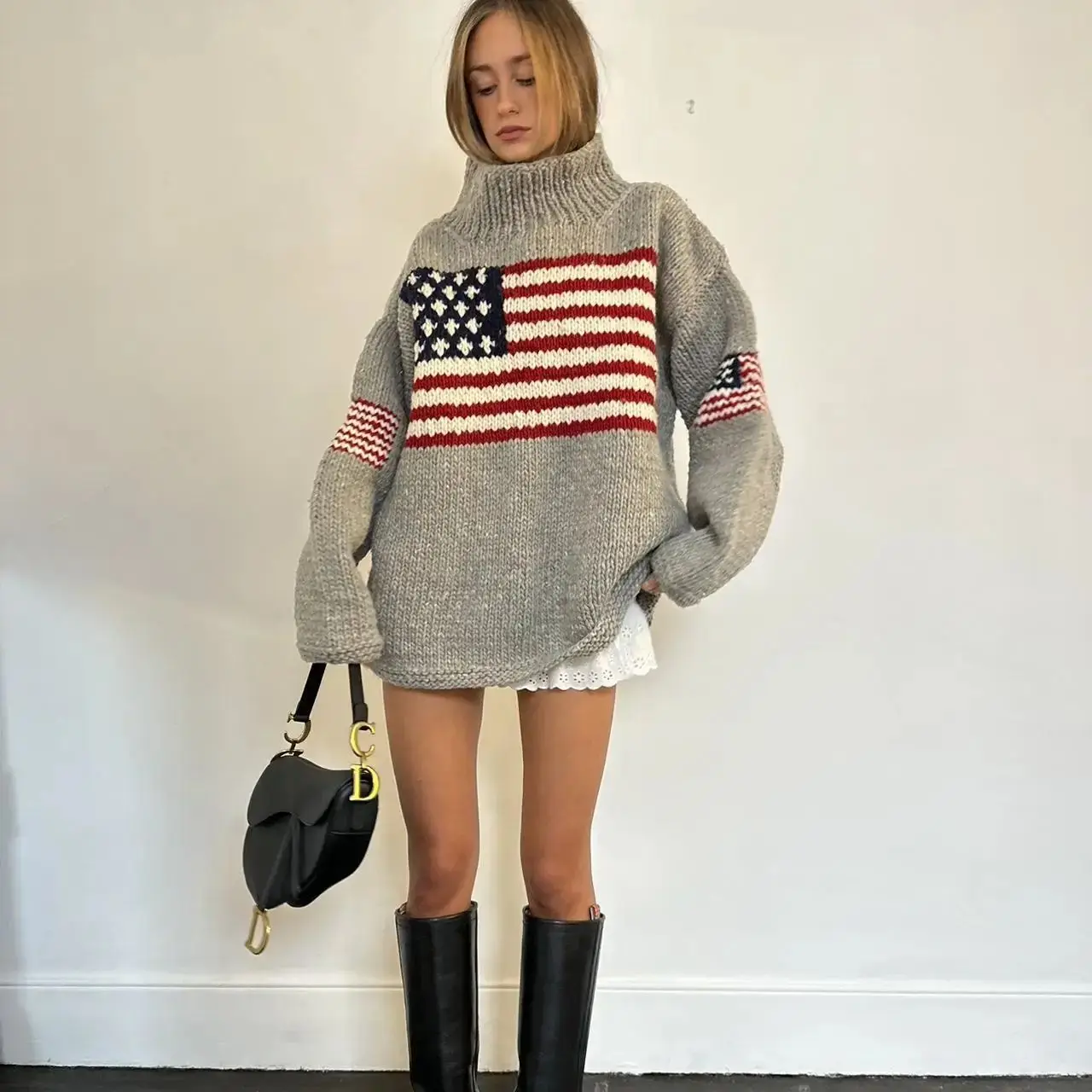 Harajuku Retro Y2K Sweater Vintage wanita, Pullover rajutan leher tinggi lengan panjang bendera AS