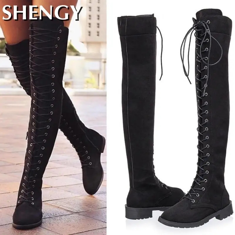 2022 Women Over The Knee Boots Sexy Fashion Lace-Up Winter Warm Knight Thigh Tall Boots Solid Color Ladies Over The Knee Botas