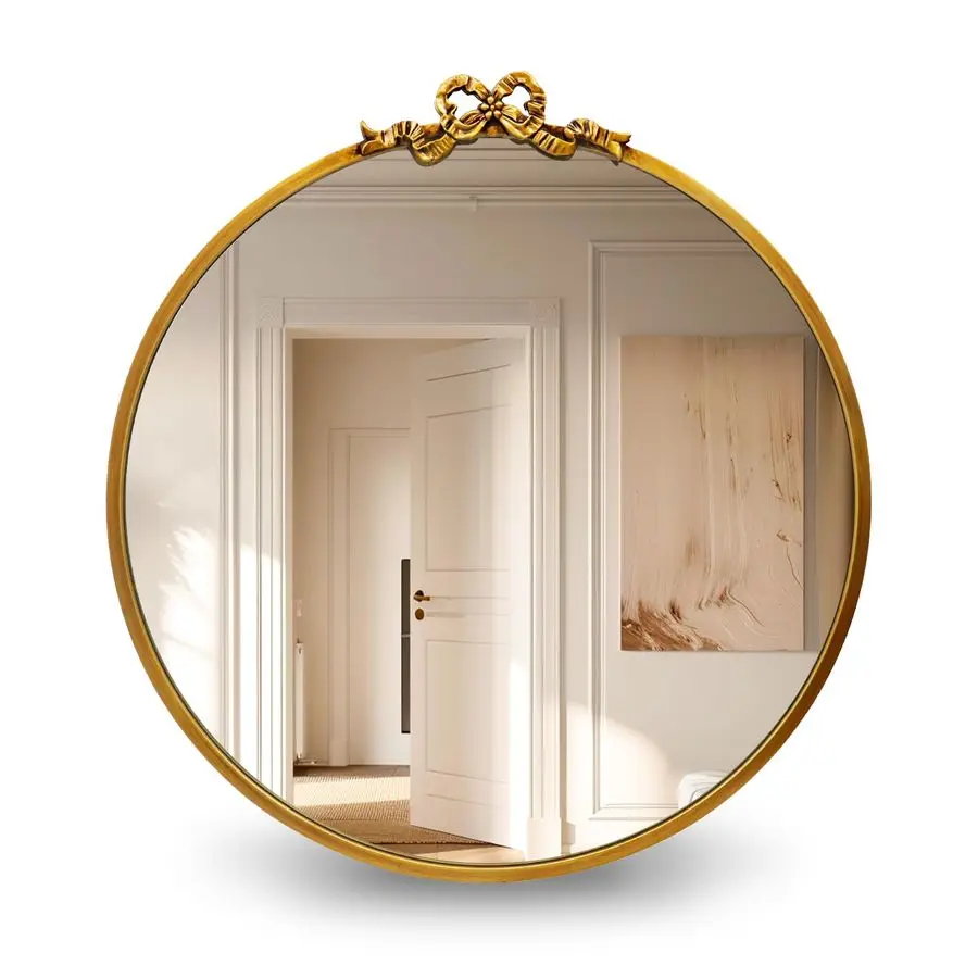 

Round Gold Bow Mirror 20 Antique Bathroom Vanity Mirrors with Metal Frame Baroque Ornate for Entryway Bedroom Hallway Fireplace