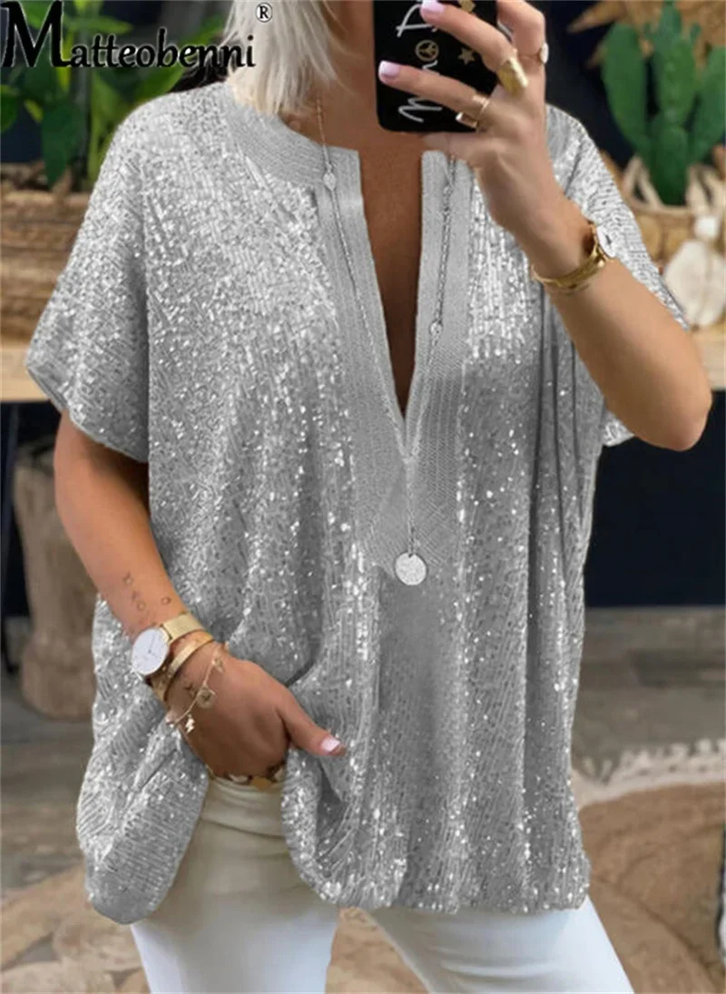 Summer New Fashion Sequin Decoration Blouse Women Short Sleeve V Neck Shirt Commuter Casual Female Versatile Basic Loose Tops 23