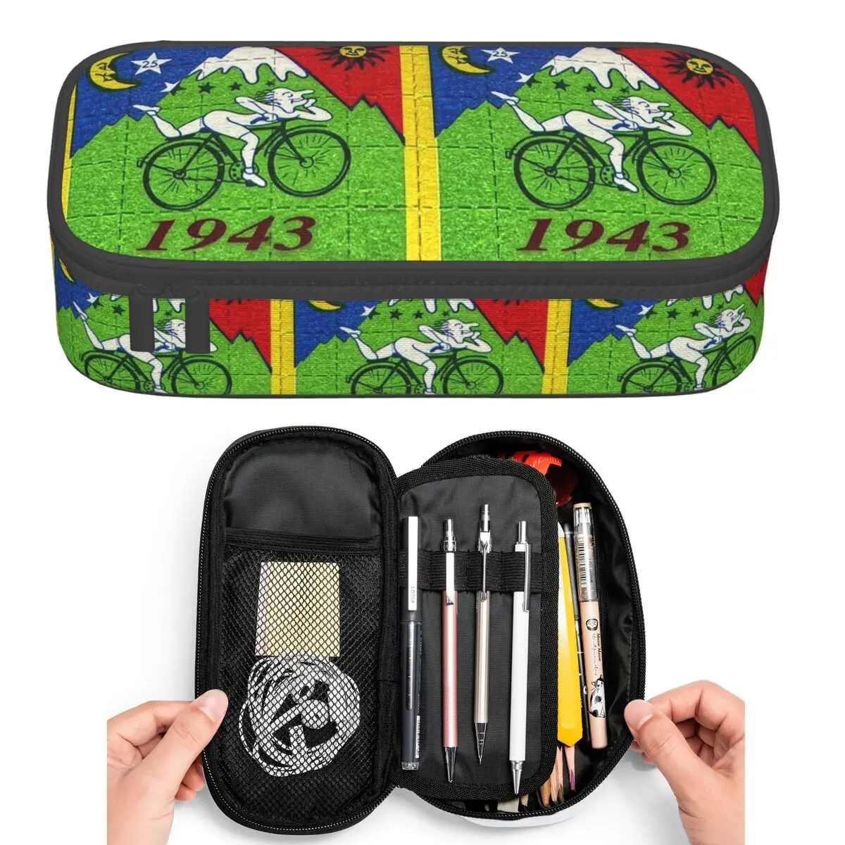Bicycle Day Lsd Blotter Art Tab Pencil Cases for Student Pen Box Pencil Bag Large Storage Pencil Pouch Pen Holder