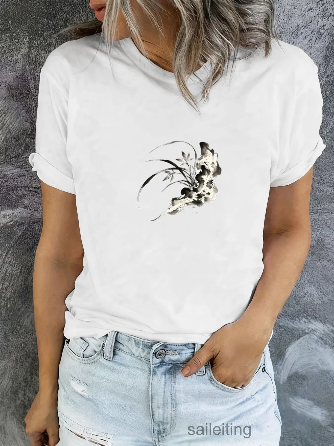 Artistic Ink Wash Bamboo T-Shirt Men Women - Soft Short Sleeve Crew Neck Graphic Tee, Casual Streetwear Summer Breathable Top