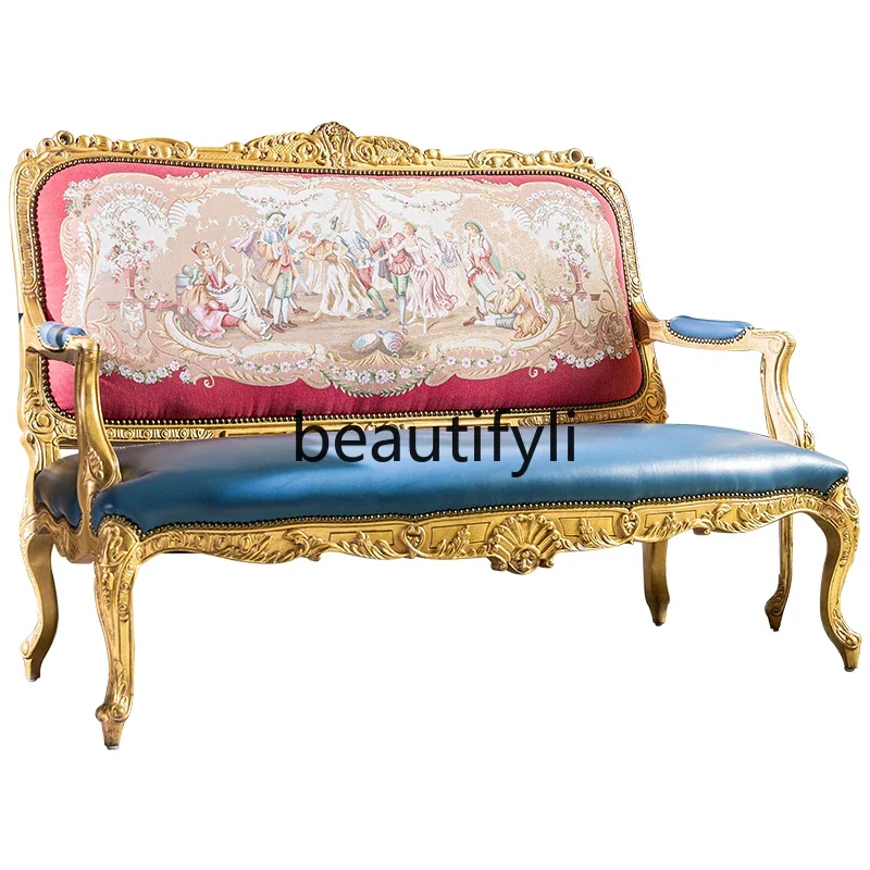 

French leather retro sofa full solid wood high-end furniture