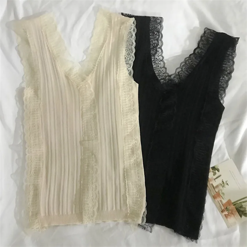 Chalecos de encaje que combinan con todo para mujer, camisetas sin mangas con cuello en V, trajes de tirantes para chica, Tops ajustados con fondo WZ1735