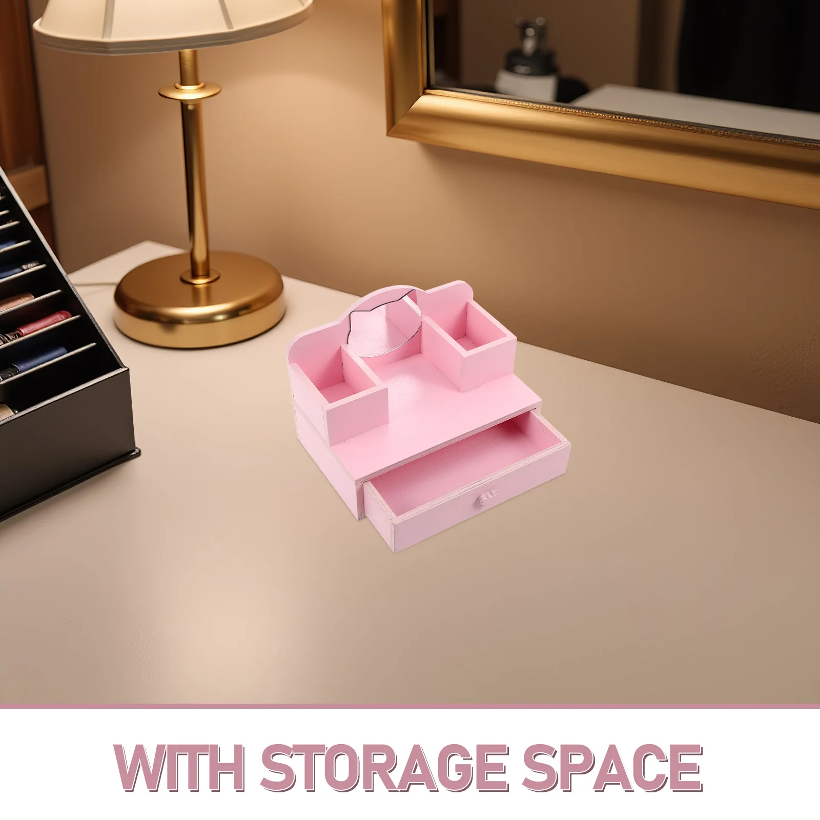 미니어처 인형의 집 화장대 핑크 프린세스 나무 메이크업 드레싱 테이블 조절 가능한 거울 서랍 인형의 집 가구