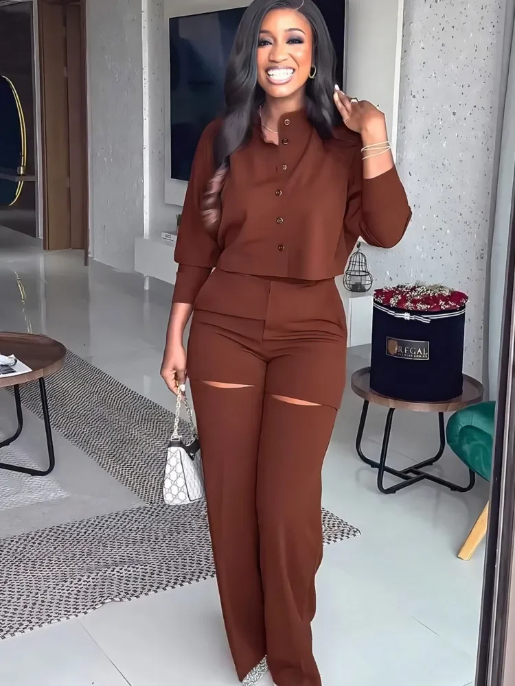 ผู้หญิงแนวโน้มยืนคอ 2 ชิ้นชุดเสื้อแขนยาวชุดกางเกงชุดเสื้อกางเกงขากว้างกางเกงชุดลําลอง