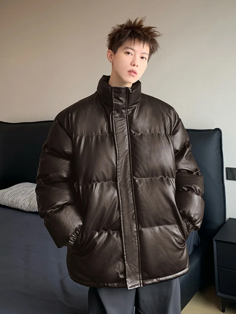 

Men's Winter Thiened Cold-resistant PU Leather Cotton Jaet Retro American Sle Stand Collar Cotton Linen Outerwear