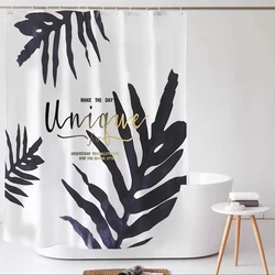 1 black palm leaf pattern polyester material shower curtain waterproof fabric, thickened mildew resistant partition curtain for