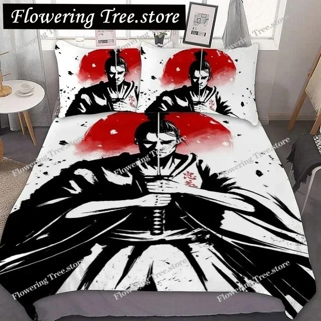 

Japanese Black White Ink Style Samurai Sword Red Sakura 3D Duvet Cover Set Queen Size Bushido Culture Bedding Set Comforter Set