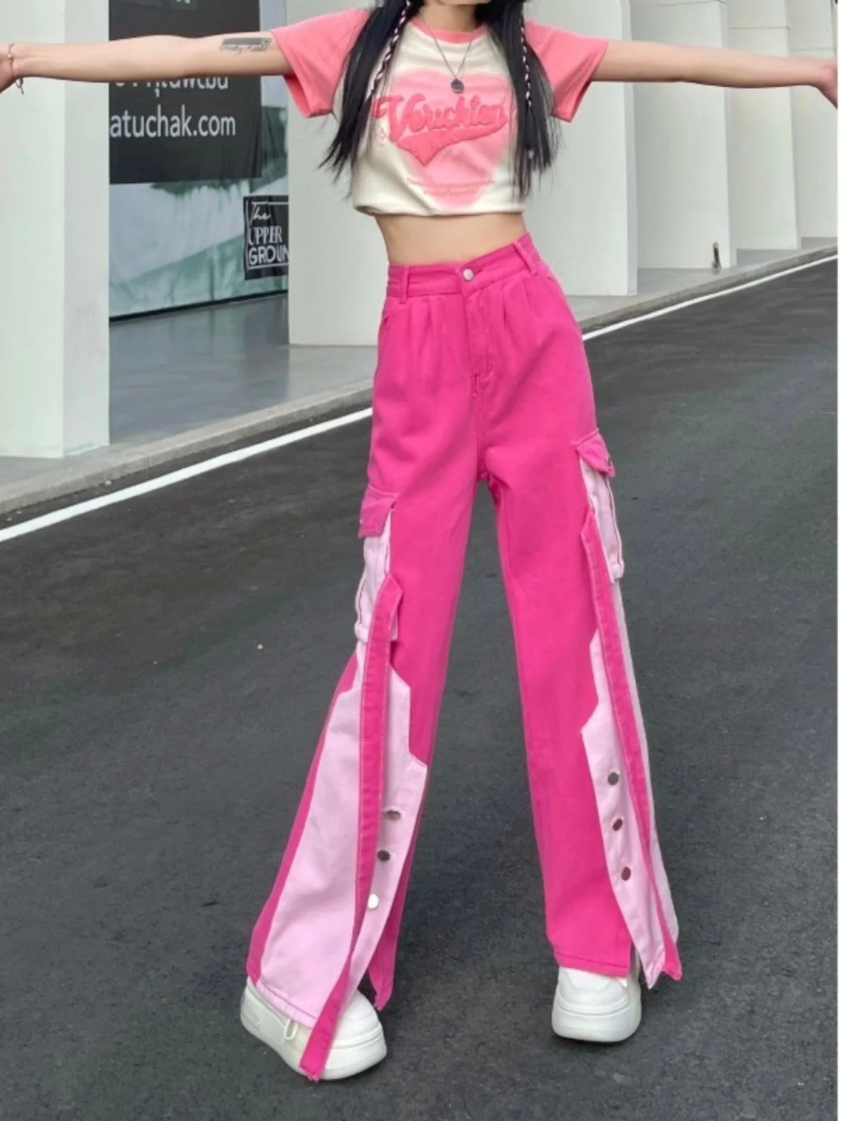 Women's Y2k Pink Cargo Jeans Harajuku Streetwear Baggy Denim Trousers Aesthetic Vintage Japanese 2000s Style Trashy Jeans Pants