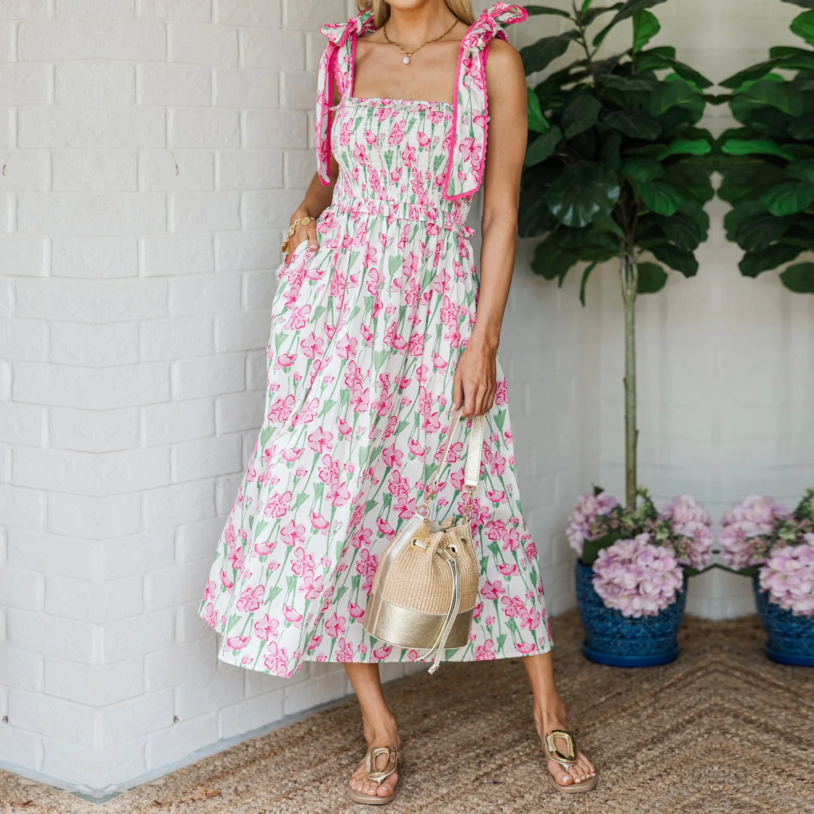 Abito estivo da donna Fairycore Grunge con cravatta floreale con spalle scoperte, collo quadrato smock, senza maniche, senza schienale, abito midi a trapezio