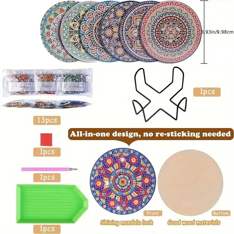 6pc/Sets Diamond Painting Coasters 5D DIY Round Diamond Mosaic Mandala Cup Coasters with Holder images - 6