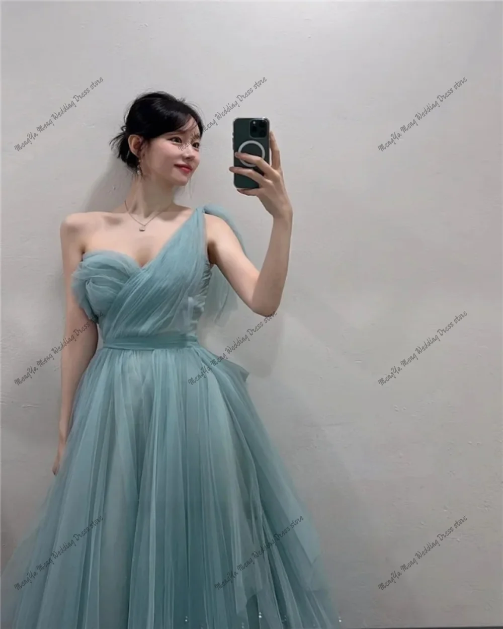 요정 Tulle Dusty Green 이브닝 드레스 한국어 레이디 웨딩 사진 촬영 파티 드레스 한 어깨 긴 파티 드레스 맞춤 제작
