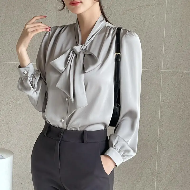 

Fashion Women's Long Sleeve Satin Blouse Spring Summer Temperament Bow Tie V Neck Solid Color Women's Work Blouse New Top