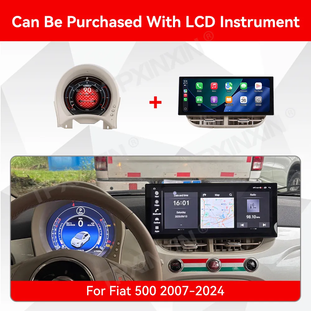 12.3 Inch Car Radio Digital Cluster Odometer For Fiat 500 2007-2024 Carplay Android 13 Car GPS Navigation Multimedia Player Auto