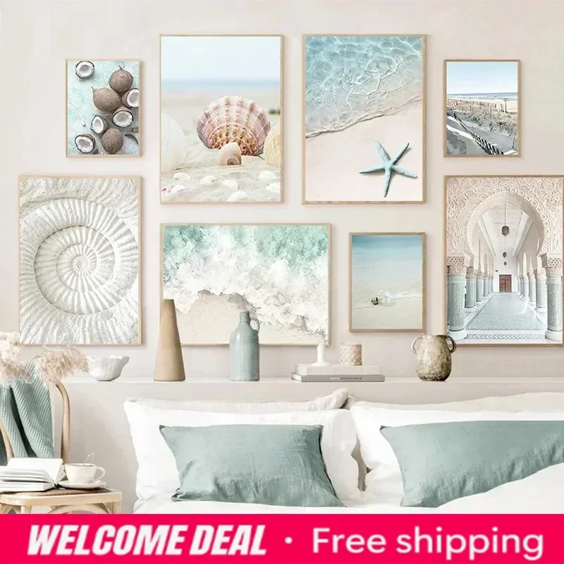 2026  Fresh Summer Tropical Ocean Beach Shell Wall Art Posters and Prints Aesthetic Canvas Painting Pictures for Living Room