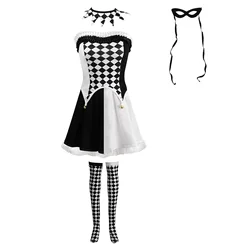 Black White Plaid Adult Circus Clown Costume for Women Halloween Carnival Vampire Cosplay Costumes Mask Dance Dresses Halloween