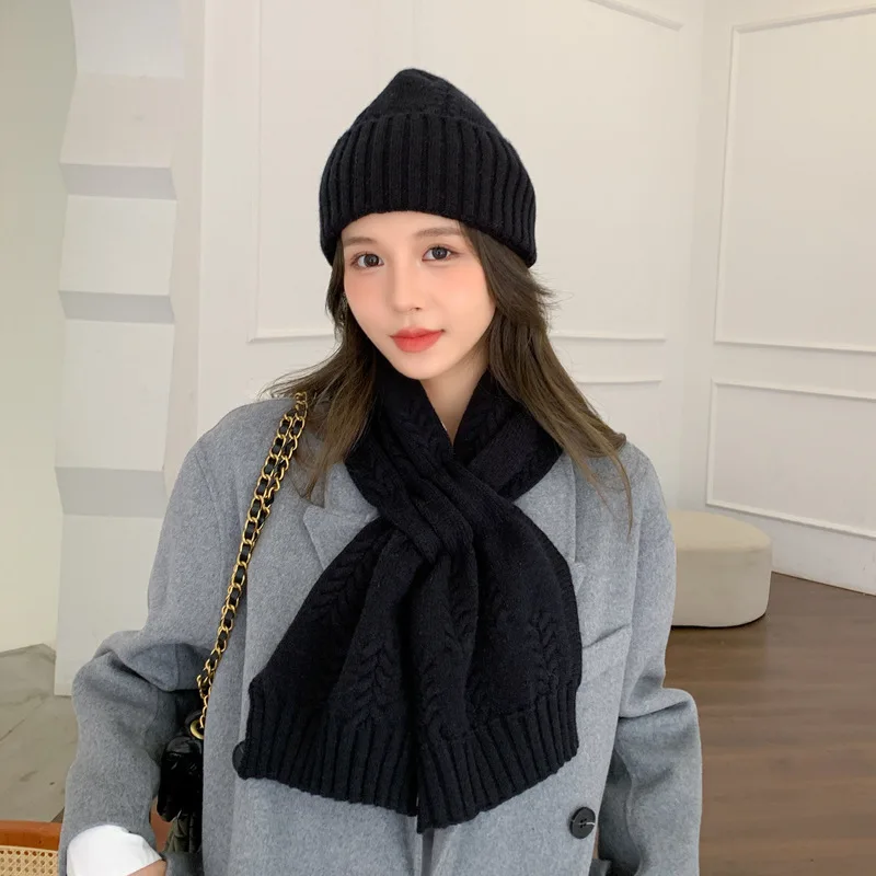 Women Scarf Shawl Girls Winter Warm Neckerchief Solid Color Wool Knitted Muffler Student Hat And Scarf Two-piece Set Accessories