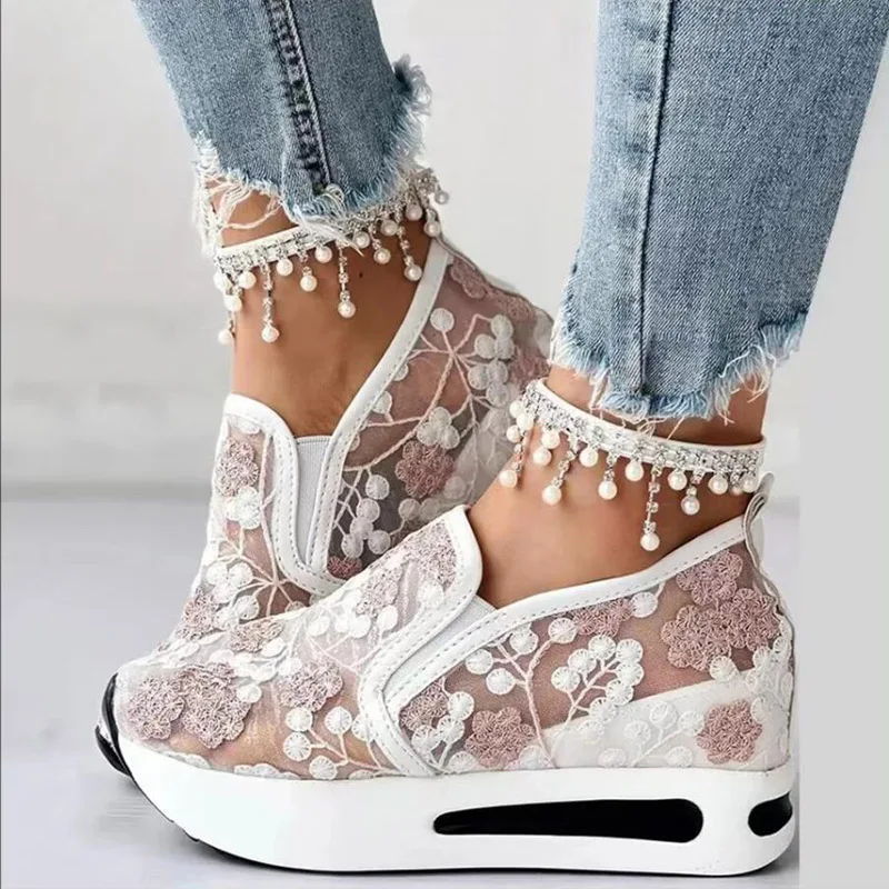 Ladies Platform Wedges For Women Sneakers Floral Embroidery Mesh Thick Bottom Slip On Organza Lace Gladiator Vulcanized Shoes