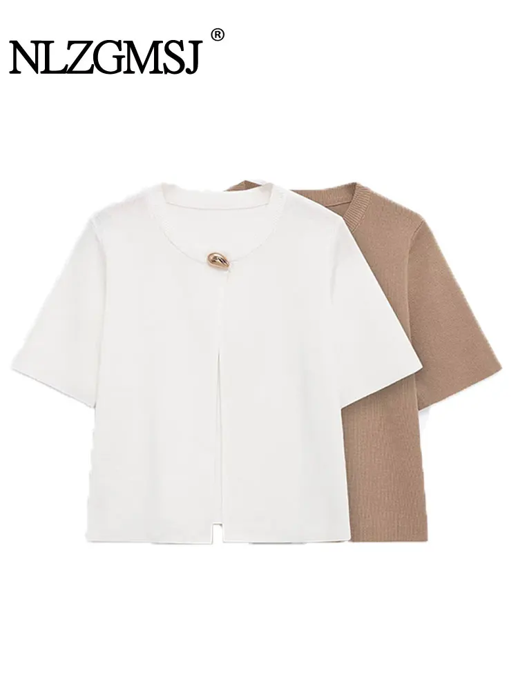 

NLZGMSJ вязаный женский кардиган, осень 2022, с коротким рукавом и круглым вырезом, уникальный свитер с металлическими пуговицами, женский повседневный топ Y2K