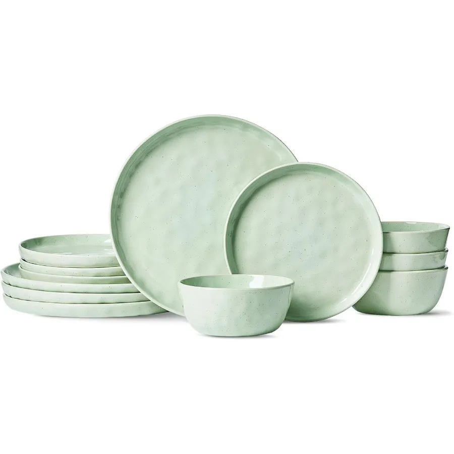 

Mars Plates and Bowls Set 12 Pieces Dinnerware Sets for 4 People Light Green Tableware Set with Modern Design Durable and Micro