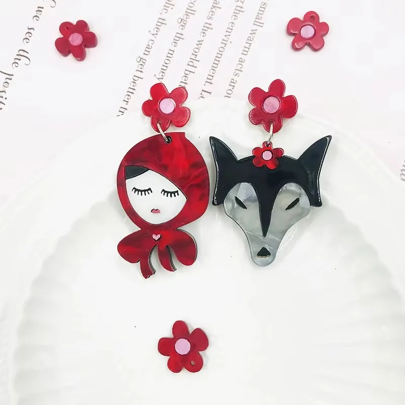 Cartoon Asymmetric Women Earrings Wolf and Little Red Riding Hood Pattern Acrylic Jewelry