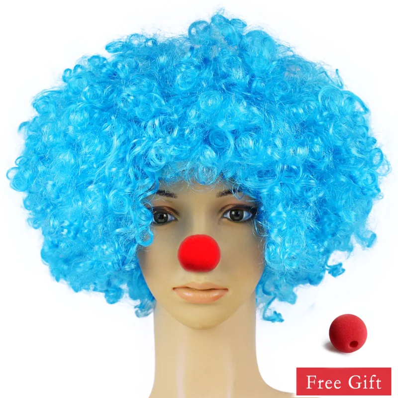 Bunte Clown-Perücke, Afro-Locken, synthetische Perücke, Cosplay für Männer und Frauen, Karneval, Party-Perücke, Rot, Grün, Gelb, Blau, Perücke, Clown-Nase – Detail 6