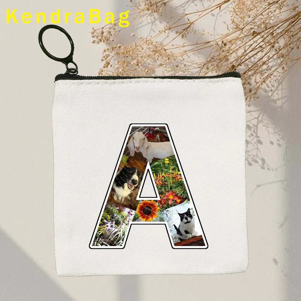 Hibiscus Flower Letter Monogram Initial Alphabet Custom Photo Collage Gifts Canvas Coin Purse Key Case Bags Wallet Zipper Pouch