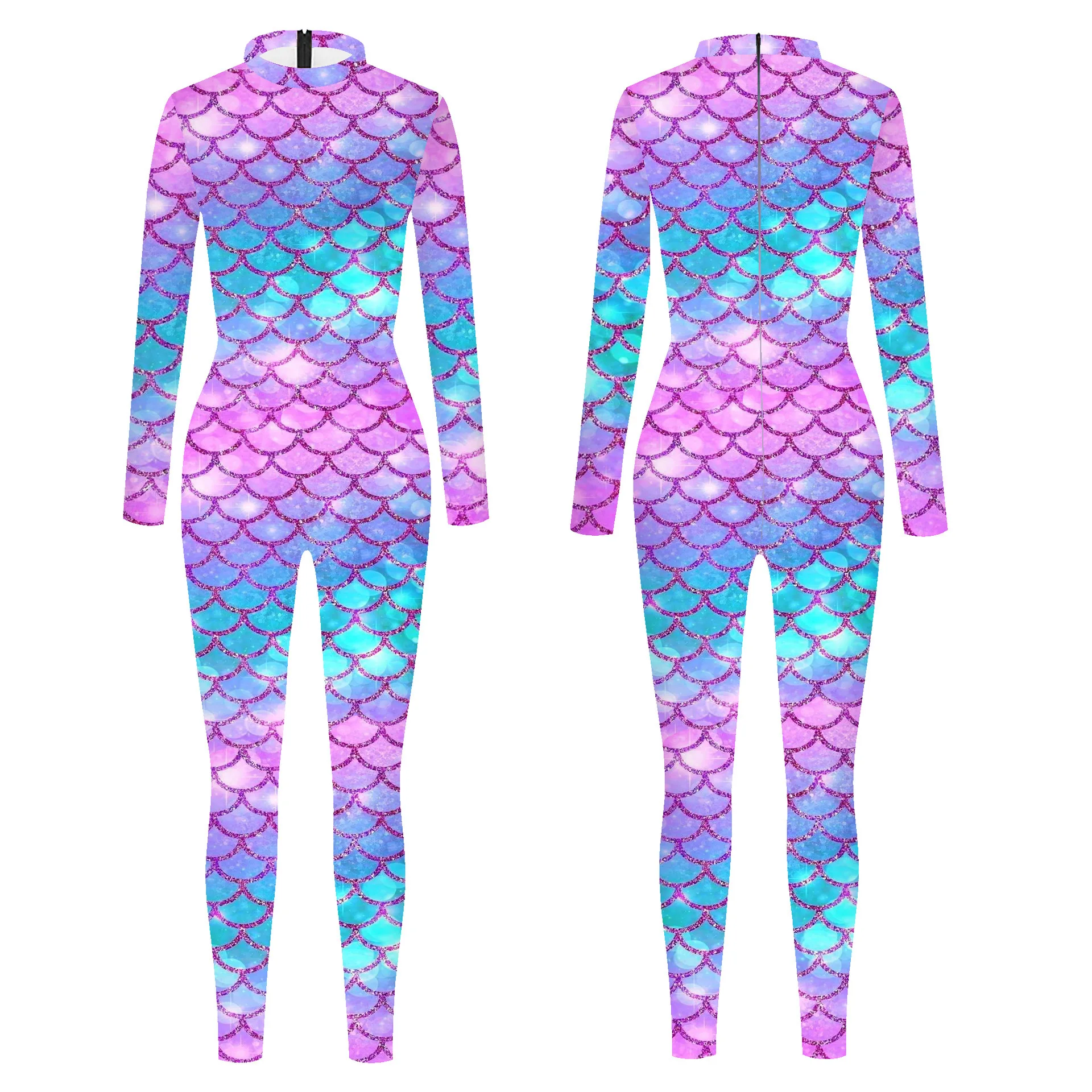 2026 3D-Druck Damen-Jumpsuit, dehnbarer Casual-Bodysuit, Meerjungfrauen-Bodysuit, glänzende Fischschuppen, Cosplay-Jumpsuit, Partykleidung – Detail 3