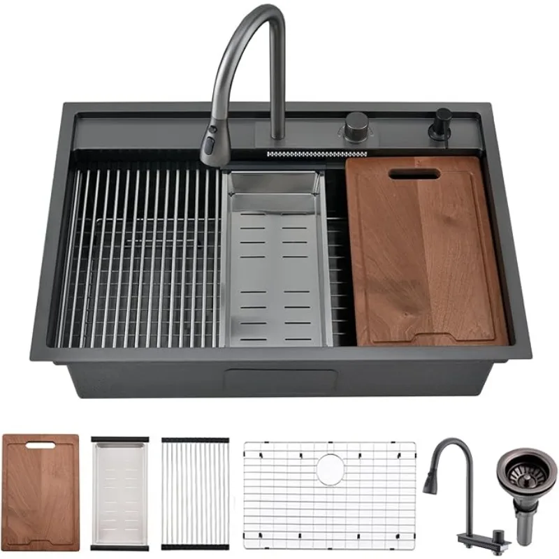 33 Inch Drop In Kitchen Sink Splash Guard Waterfall Workstation Black - 33x22-Inch Single Bowl Sink 16 Gauge Black