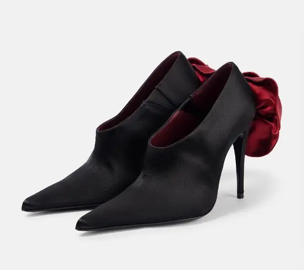 

New Women Black Silk Red 3D Rose Flower Back Pointed Toe Slip On Thin Heels Pumps Bling Crystal Rhinestone Air Mesh Heels Shoes