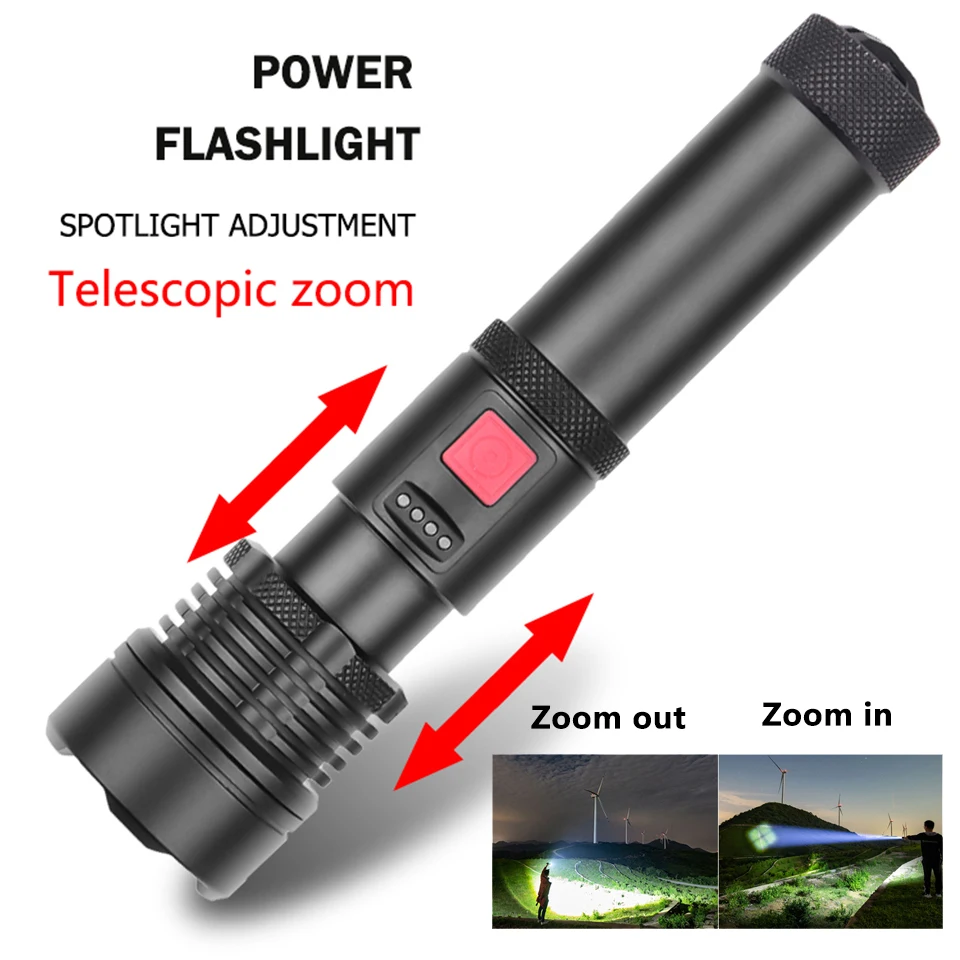 Lampe de poche zoomable XGardens 50, aste par USB, batterie 18650 intégrée, lumière de camping en plein air, étanche, lampe de poche LED super lumineuse