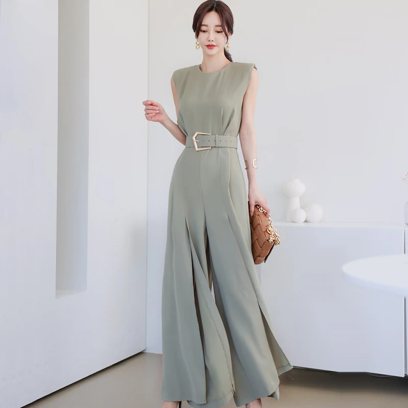 Women's Summer Thin Wide Leg Pants One-Piece Suit Waist a Slimming Split Career Sle Comfortable Nylon Blend Long Pants