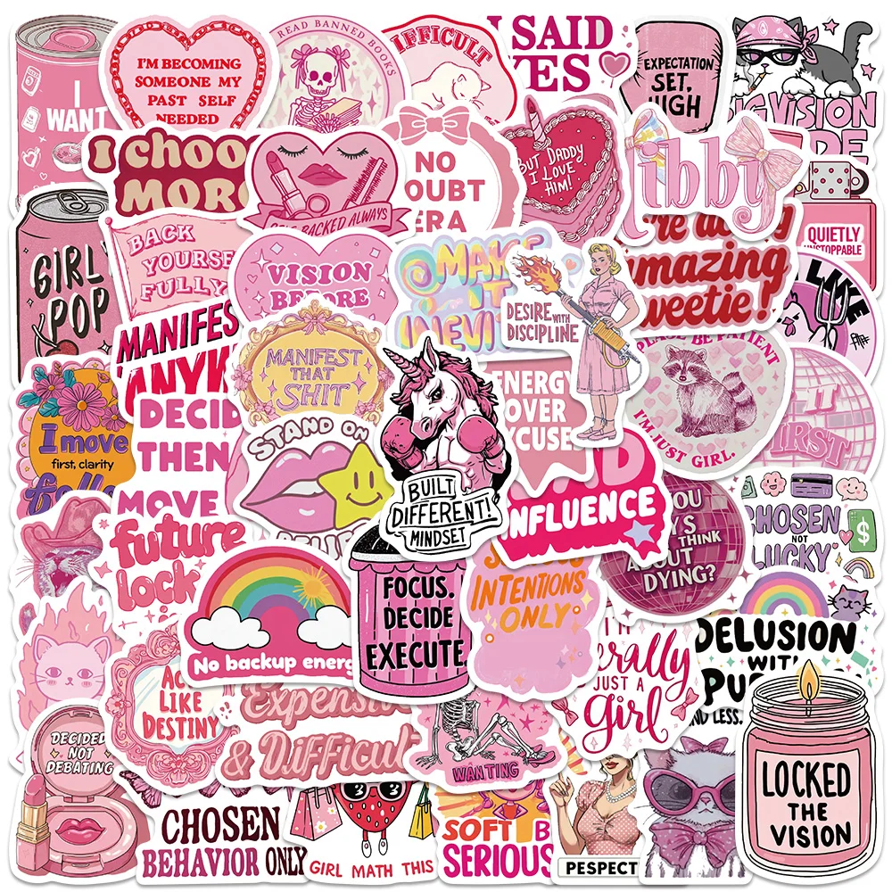 50 Pcs Pink Graffiti Girl Slogan Stickers Trendy Ins Y2k Vinyl Decals For Laptop Water Cup Luggage Scrapbook Wall Decor