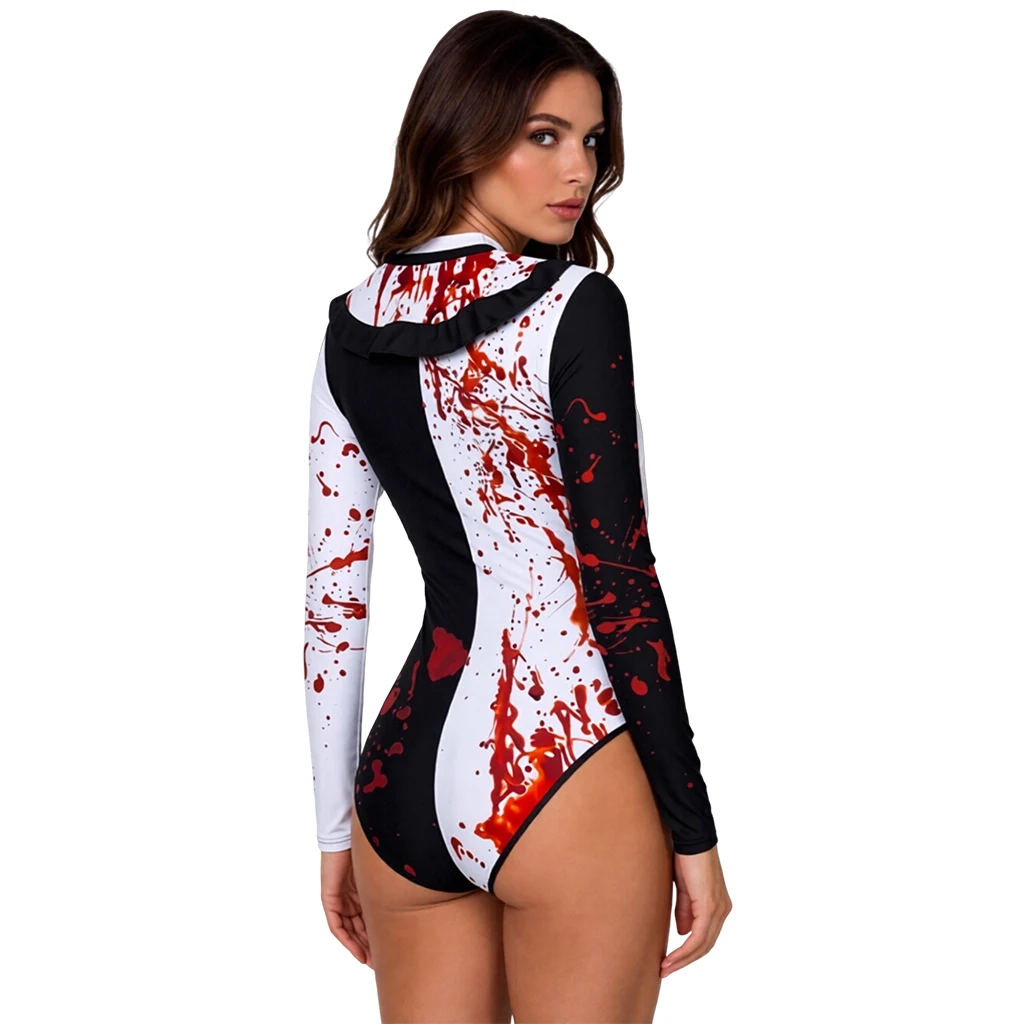 Horror Clown Costume Womens Black White Blood Splatter 3D Print Long Sleeve Front Zipper for Halloween Carnival Cosplay Outfit view 5