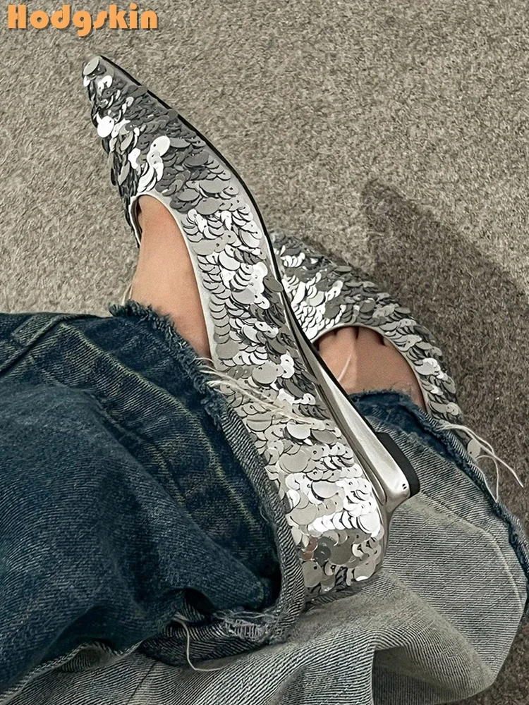 

Silver Bling Low Heel Flats Sexy Pointed Toe Shallow Wedges Pumps Solid 2025 Spring New Women Fashion Design Daily Shoes Slip-on